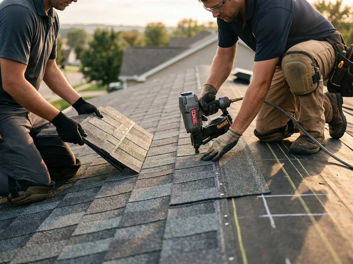 Professional roofer working on a residential roof in Mustang